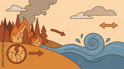Global Environmental Crisis Illustration: Wildfire, Drought, and Flood