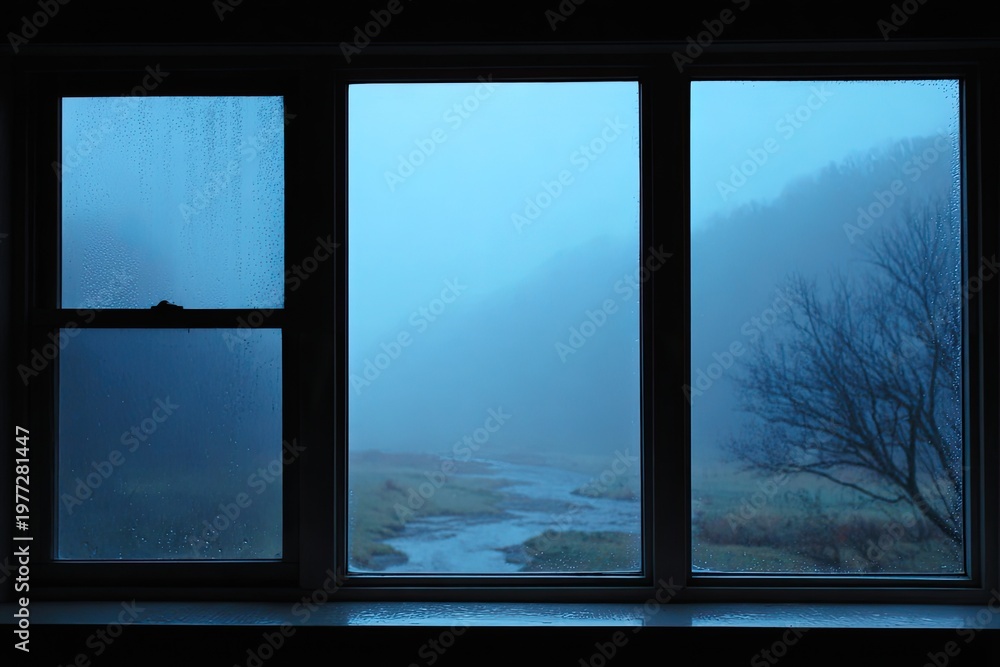 Fototapeta premium Misty morning view through a window of a stream and wooded hills