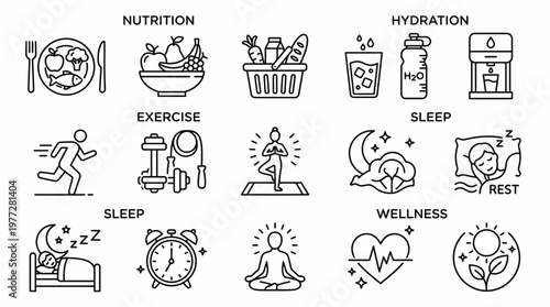 Essential daily habits and a balanced lifestyle for holistic well-being a comprehensive collection of healthy living icons