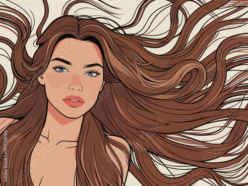 Illustration of a woman with flowing brown hair