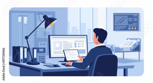 Man Working on Laptop at Desk.