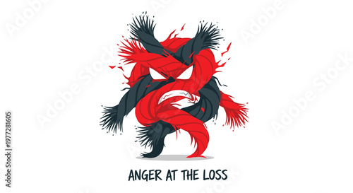Emotional turmoil, anger, loss, abstract illustration, red and black swirling shapes
