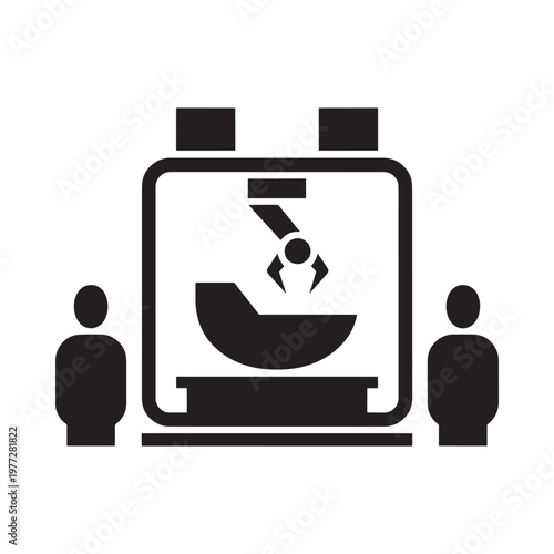 A black and white illustration of a claw vending machine with people