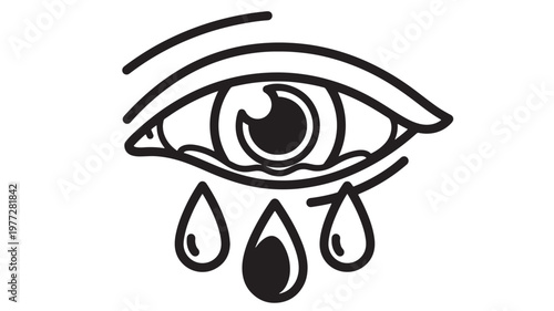Eye crying black ink droplets with simplified lines and bold outlines on a white background, emotional concept