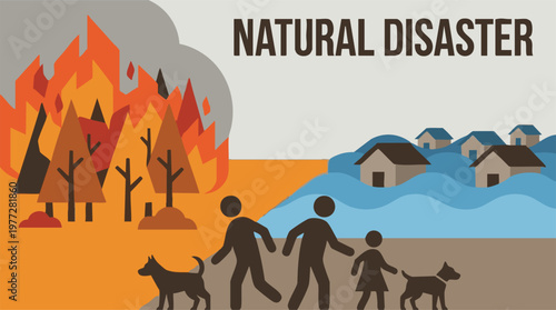Natural Disasters Concept: Wildfire and Flood with Evacuating Family