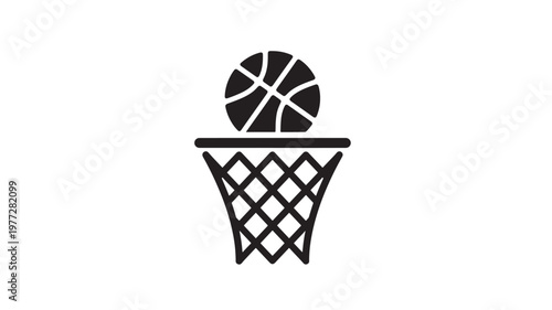 Basketball icon with a ball entering the hoop, representing a successful score or game play. featuring net, sport, competition with symbol and point