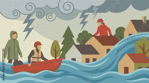 Natural disaster scene: flood with storm, houses, and rescue efforts