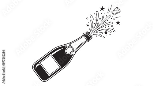 Bottle champagne exploding with cork popping and bubbly splashes, stars and circles, black and white icon