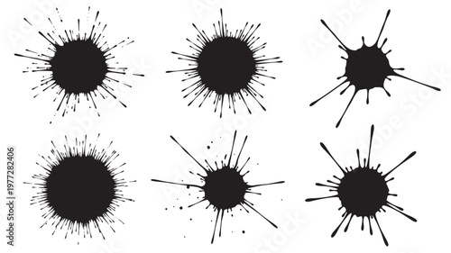 Splatter ink blot set with six dynamic black irregular shapes and sharp radiating lines on a white background.