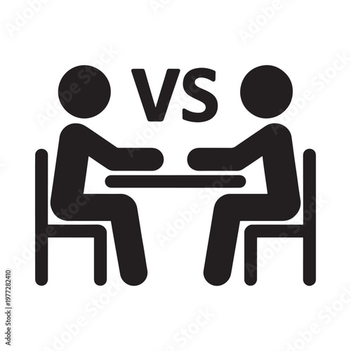 Simple black icon depicting two figures seated at a table facing each other