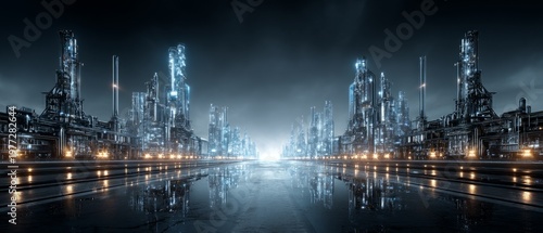Futuristic Cityscape with Neon-Lit Skyscrapers and Reflective Roads