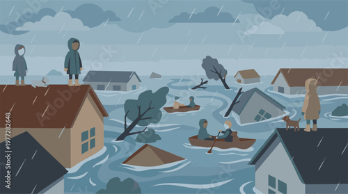 People stranded on rooftops and in boats during a severe flood disaster