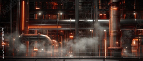Industrial Factory with Steam Pipes and Illumination