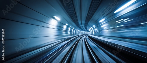 Speeding Train in Blue-Lit Tunnel with Motion Blur