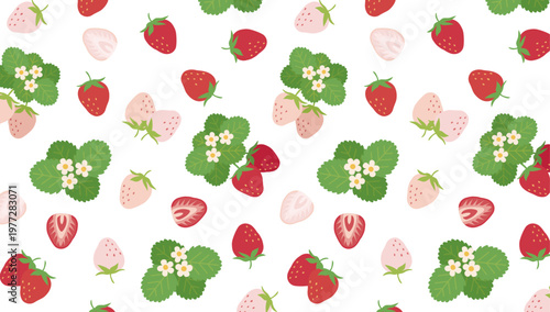 ガーリーでかわいいイチゴのパターン　白いちご　スライス苺　花と葉っぱ　シームレスな背景装飾イラスト