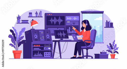 Woman Working on Computer with Audio Equipment.