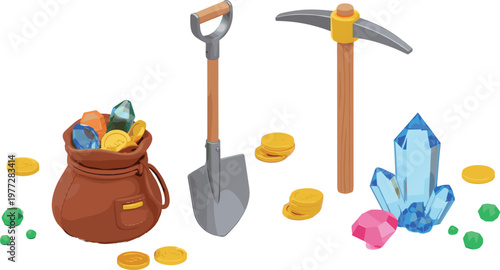 Mining Tools and Treasure Illustration Set with Pickaxe Shovel Gold Coins and Crystals for Resource Extraction Industry Design Collection