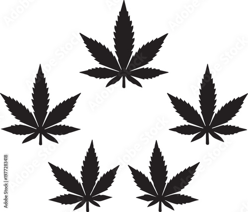 Five Black Cannabis Leaves Vector Icon in Circular Pattern