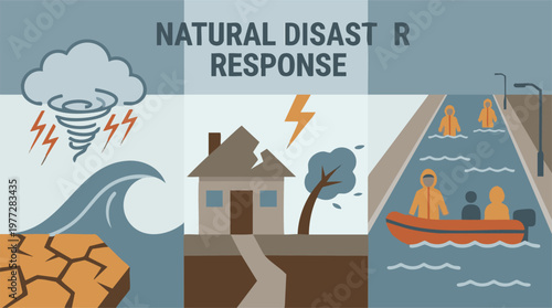 Natural Disaster Response Illustration: Catastrophes, Damage, and Rescue Efforts