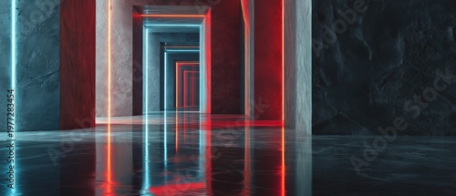 Neon-Lit Futuristic Corridor with Reflective Floors