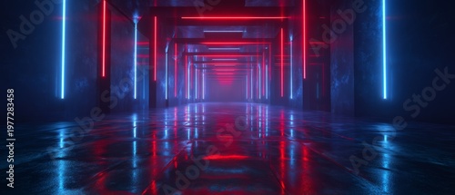 Futuristic Neon-Lit Corridor with Reflective Floor