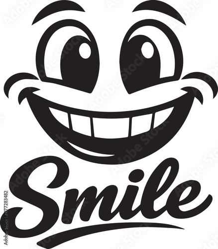 Happy Cartoon Smiling Face with Toothy Grin and 'Smile' Text Vector Icon