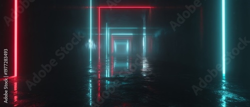 Neon-Lit Futuristic Corridor with Reflective Surfaces