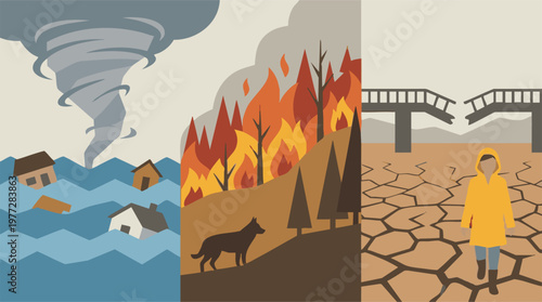 Climate Change and Natural Disasters: Flood, Wildfire, and Drought Illustration