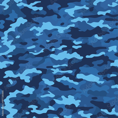 Blue Camouflage Vector Pattern Seamless Background for Fashion Apparel Urban Military Tactical Style Texture Navy Azure Sky Blue Camo Print Design for Textile Fabric Wallpaper Surface Wraps.