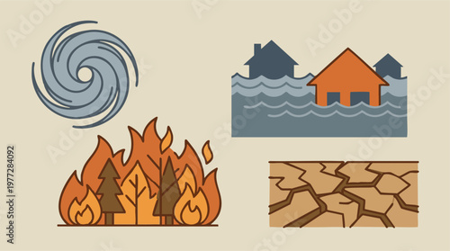 Natural Disasters Icons: Hurricane, Wildfire, Flood, and Drought Illustration