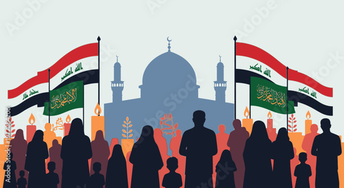 People gather with Iraqi flags in front of a mosque architecture.