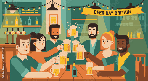 Friends cheer with beer glasses at a lively pub on Beer Day Britain