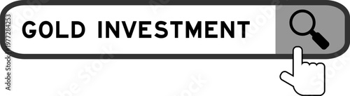 Photos Search banner in word gold investment with hand over magnifier icon on white bac