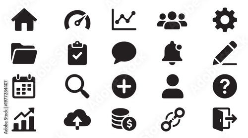 Diverse set of black and white icons representing various common digital user interface elements and actions for web and app design