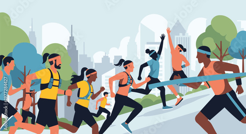 Runners cross finish line in city park during marathon event quickly