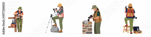 Set of flat illustrations featuring a female wildlife photographer in various professional poses with cameras, lenses, tripods, and outdoor gear on a white background.
