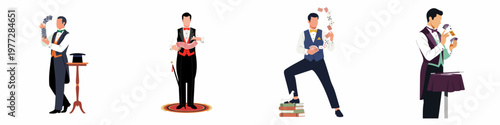 Collection of four male magicians in elegant formal wear performing card tricks and magic illusions on a plain white background