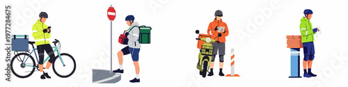 Set of food delivery couriers with bicycle, scooter, and thermal bags, using smartphones and tablets for order management, isolated on white background.