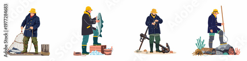 Set of flat illustrations featuring a traditional fisherman in various poses with fish, nets, anchor, and equipment on a white background.