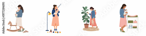Set of illustrations depicting a young mother caring for her newborn baby in various daily routines like singing, carrying, and diaper changing.