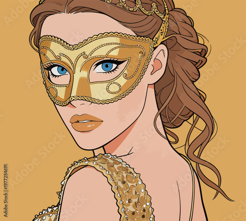 Woman in Golden Masquerade Mask and Ornate Dress