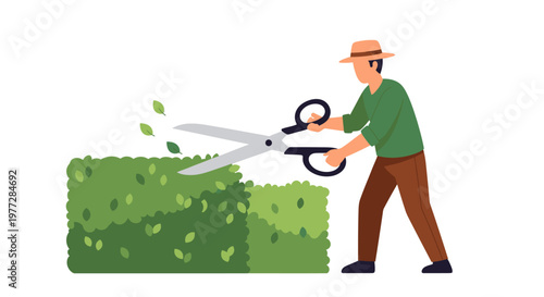 Man trimming hedge with large scissors isolated white background vector illustration