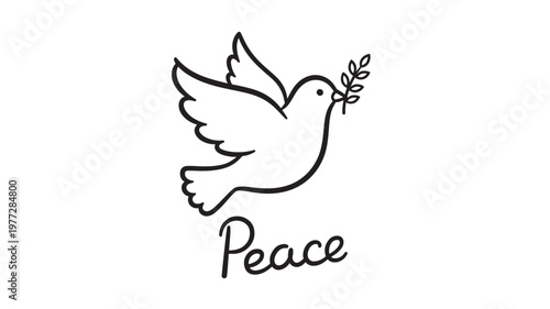 Dove bird with olive branch and 'Peace' text in simple black line art style, symbolizing hope and harmony for global unity and peaceful resolutions.