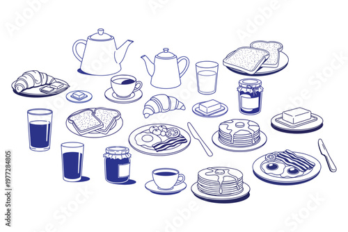 Vintage ceramic tableware collection plates cups and jars in blue and white