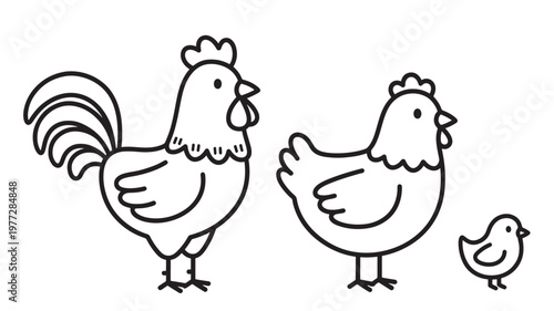 Rooster, hen, and chick simple line drawing icons featuring bold black outlines on a clean white background, representing poultry family.