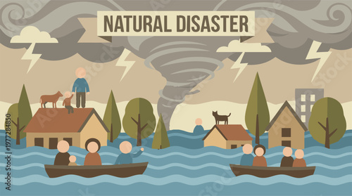 Natural disaster with tornado, floods, lightning, and affected community