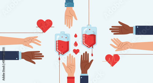 People from different ethnicities donating and receiving blood in a medical setting with hearts