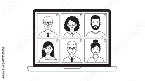 Laptop screen displaying a video conference with six diverse participants in individual frames connected online