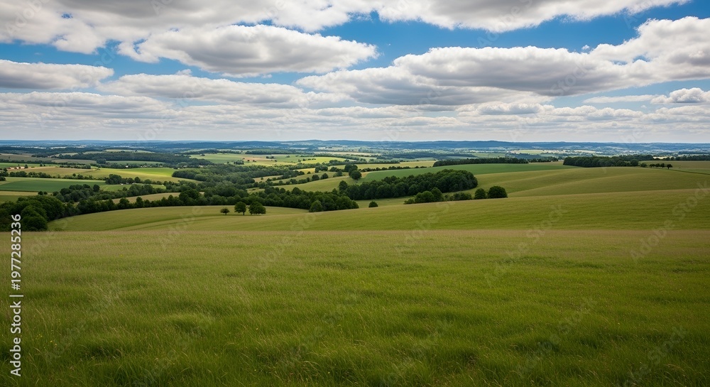 Naklejka premium Scenic panoramic view of rolling countryside green farm fields with sheep, cow and green grass in New Grange, County Meath