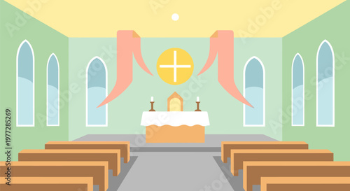 A serene church interior with pews facing the altar and cross.